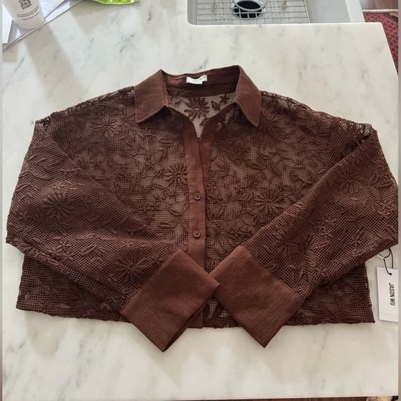 Jason Wu-NWT Brown Lace Long-sleeve Cropped Button down Shirt - Picture 4 of 6